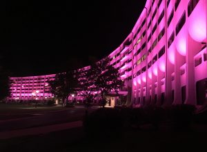 The Milton S. Hershey Medical Center's signature Crescent is illuminated in pink.