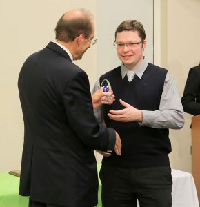 At the 2016 Penn State College of Medicine Innovation Awards, Yan Leyfman received the 2016 Student Award for Excellence in Innovation. Leyfman is pictured receiving the award from a faculty member.