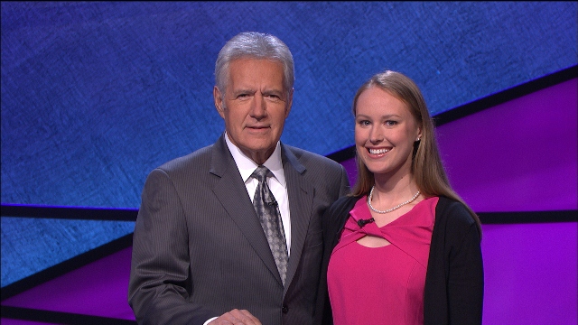 Jeopardy! host Alex Trebek with contestant and Penn State College of Medicine student Johnna Mahoney