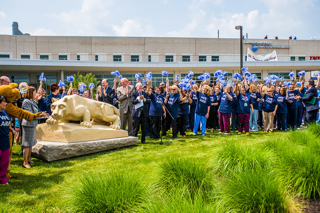 The unveiling of the Nittany Lion statue at Penn State Health St. Joseph.