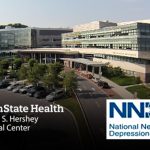 The Penn State Health Milton S. Hershey Medical Center building and Penn State Health Cancer Institute are seen from an aerial view, with the logos of the Medical Center and the National Network of Depression Centers superimposed over the top.