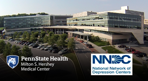 The Penn State Health Milton S. Hershey Medical Center building and Penn State Health Cancer Institute are seen from an aerial view, with the logos of the Medical Center and the National Network of Depression Centers superimposed over the top.
