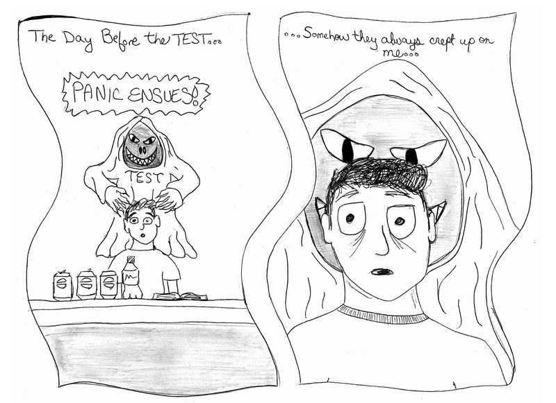 This comic by Alex Burton is an example of the type of work created by fourth-year medical students in the Graphic Narratives course at Penn State College of Medicine. The two-panel cartoon depicts a hand-drawn student with the words The Day Before the Test over his head and a line of caffeinated drinks in front of him. A grim reaper-style character labeled TEST is drawn behind his head. The second panel includes the text Somehow They Always Crept Up on Me and features a close-up on the student's face with the Test Grim Reaper's hands at his head.