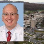 MPH student Paul Kocis, PharmD, RPh, CACP, presented at a public FDA workshop in March 2016. A photo of Kocis in a white coat, against a blue background, is superimposed on top of a photo showing an aerial view of the Penn State College of Medicine campus to the right.