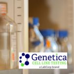 Laboratory supplies are pictured in a Penn State College of Medicine laboratory in Summer 2016. The photo shows test tubes toward the front of a shelf, with bottles of various sizes behind them and out of focus. The logo for Genetica Cell Line Authentication is superimposed on the photo in the bottom right corner; the logo includes the word Genetica in dark blue text with Cell Line Authentication below that in bright green and an image of five circles, four blue and one green, to the left.