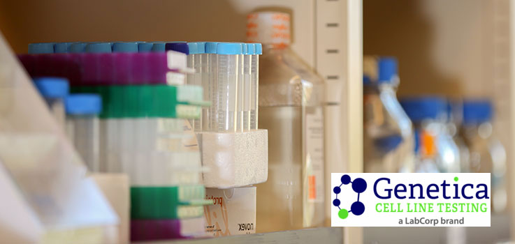 Laboratory supplies are pictured in a Penn State College of Medicine laboratory in Summer 2016. The photo shows test tubes toward the front of a shelf, with bottles of various sizes behind them and out of focus. The logo for Genetica Cell Line Authentication is superimposed on the photo in the bottom right corner; the logo includes the word Genetica in dark blue text with Cell Line Authentication below that in bright green and an image of five circles, four blue and one green, to the left.