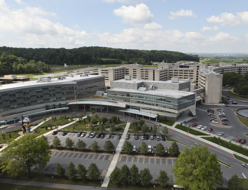 An aerial view of the Milton S. Hershey Medical Center and Penn State College of Medicine campus, with the Children's Hospital, Main Entrance and Cancer Institute in the foreground.
