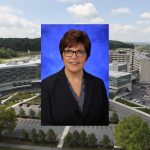 A headshot of Chief Nursing Officer Judy Himes superimposed on a wide shot of the Hershey Medical Center campus.