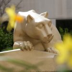 A close-up of a Nittany Lion statue on the Penn State College of Medicine campus. Yellow flowers are in the foreground, slightly out of focus.