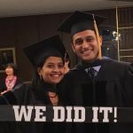 Ushma Doshi, left, and Varun Prabhu are graduates of the former molecular medicine PhD program at Penn State College of Medicine. The two are pictured wearing graduation caps and gowns, holding a large frame that says We Did It! at the bottom.