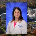 Elena Farace, associate professor of public health sciences at Penn State College of Medicine, was part of a team to publish a paper on the cognitive effects of various kinds of radiation treatments for brain tumors. Farace is pictured wearing a white lab coat and pink shirt, on a blue photo background. Her photo is superimposed on an aerial view of Penn State College of Medicine's campus in Hershey, PA.
