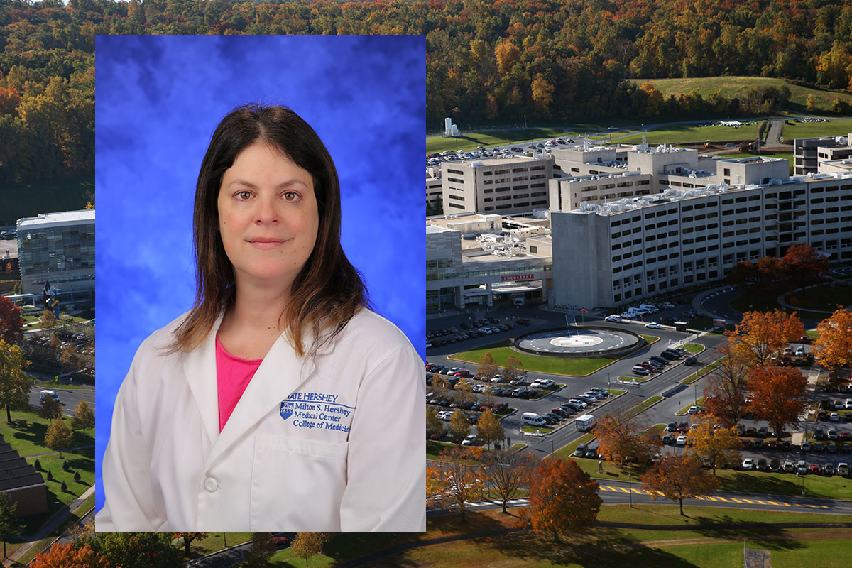 Elena Farace, associate professor of public health sciences at Penn State College of Medicine, was part of a team to publish a paper on the cognitive effects of various kinds of radiation treatments for brain tumors. Farace is pictured wearing a white lab coat and pink shirt, on a blue photo background. Her photo is superimposed on an aerial view of Penn State College of Medicine's campus in Hershey, PA.