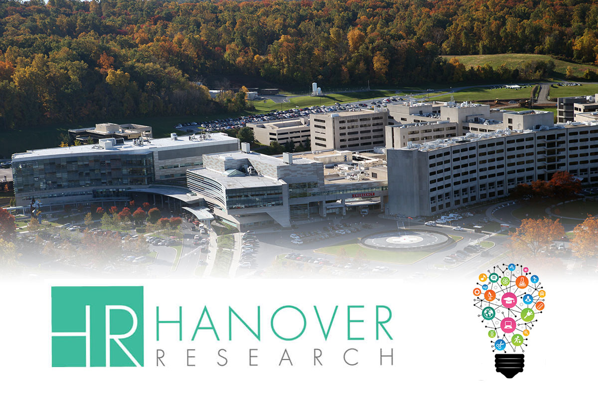 The logo of Hanover Research (the letters HR in white on a teal background, with the words Hanover Research in teal on white to the right) and the logo of Penn State College of Medicine's Research Concierge Service (a stylized lightbulb made from colored circles with scientific symbols inside) are superimposed on an aerial view of Penn State College of Medicine.