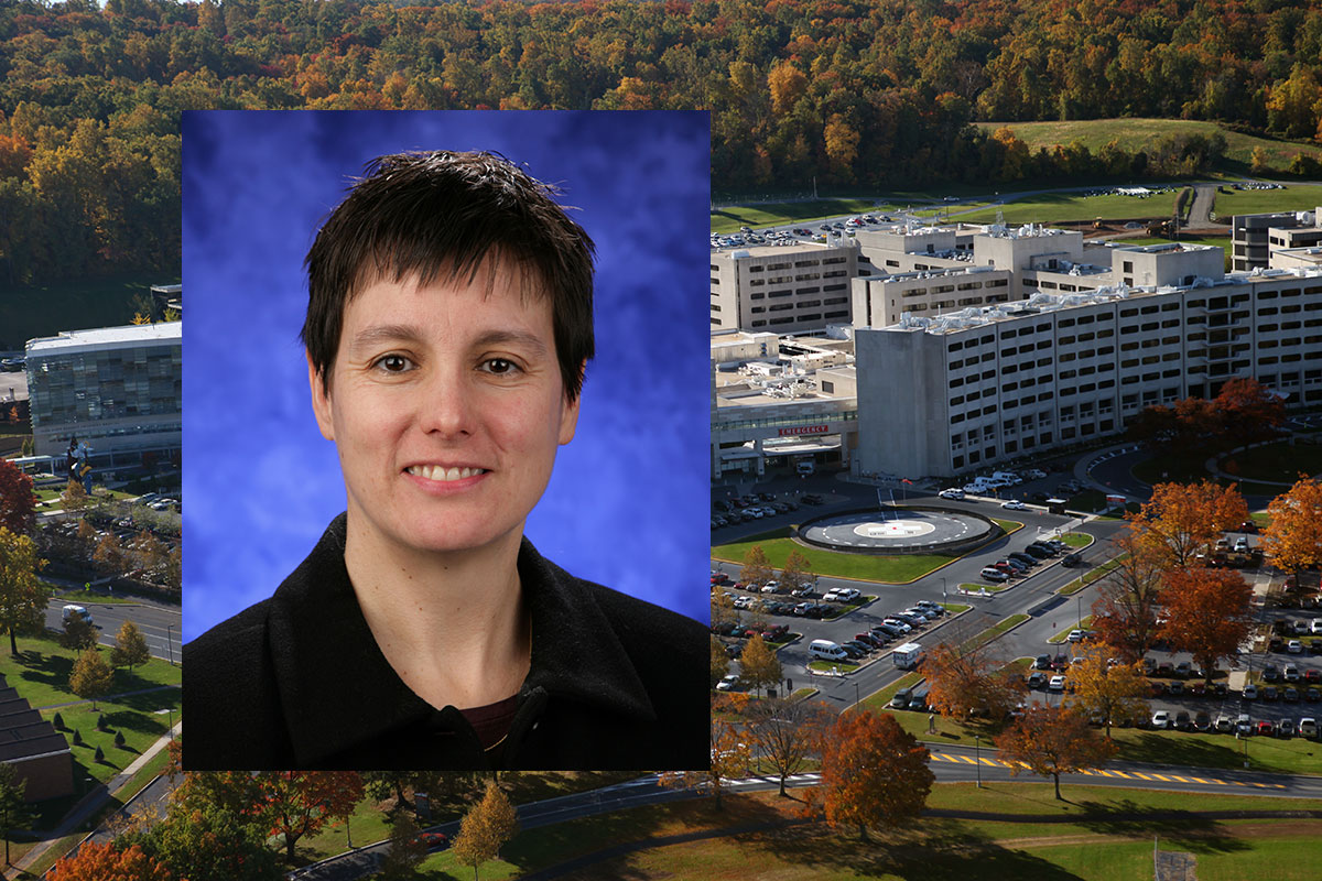 Sarah K. Bronson, PhD, was named Associate Dean for Interdisciplinary Research at Penn State College of Medicine in November 2016. She is pictured wearing a black dress shirt, in front of a dark blue photo background. Her picture is overlaid on an aerial view of Penn State College of Medicine's campus.