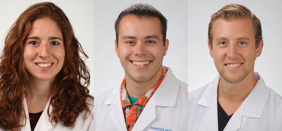Penn State College of Medicine MD/PhD Medical Scientist Training Program students, from left, Andrea Schneider, Scott Tucker and Oliver Mrowczynski recently received national honors. A collage of photos of the three students wearing their white coats is seen, with each student against a white background.