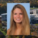 MPH student Megan Litz was named a 2017 William Penn Fellow by Pennsylvania Gov. Tom Wolf. Litz is pictured against a light blue photo background, and her photo is superimposed on an aerial view of Penn State College of Medicine's campus in Hershey, PA.