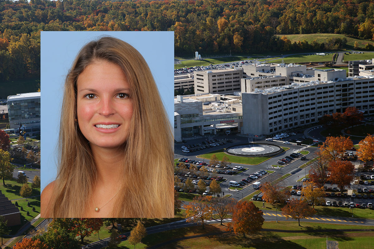 MPH student Megan Litz was named a 2017 William Penn Fellow by Pennsylvania Gov. Tom Wolf. Litz is pictured against a light blue photo background, and her photo is superimposed on an aerial view of Penn State College of Medicine's campus in Hershey, PA.