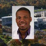Penn State College of Medicine MD/PhD student Oliver Noel in his white coat is seen overlaid on an aerial photo of Penn State College of Medicine's campus in Hershey, PA.
