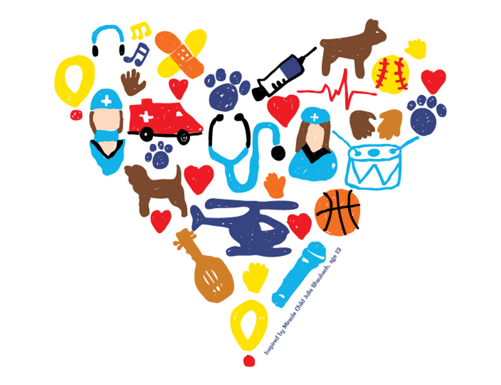 A collage-style drawing depicts a heart made of smaller hearts, hospital personnel, animals, musical instruments and other objects.