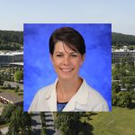 An image of Dr. Margaret Mikula, superimposed over a larger photo of the Hershey Medical Center/College of Medicine campus.