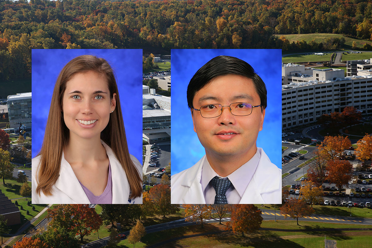 Kathryn Aird, PhD, left, and Kebin Hu, MD, PhD, right, recently joined the Department of Cellular and Molecular Physiology at Penn State College of Medicine. The two are pictured wearing white lab coats on blue photo backgrounds. Their two photos are superimposed on an aerial view of Penn State College of Medicine's campus in Hershey, PA.