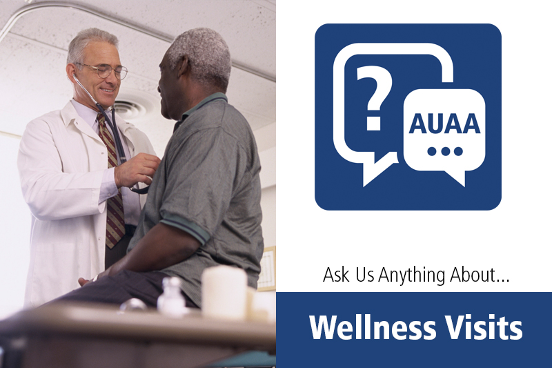 Wellness visits were the topic of a Facebook Live presentation with Dr. Bill Curry of Penn State Health Milton S. Hershey Medical Center. The image depicts a doctor examining a patient with a stethoscope at left, and a logo of two speech bubbles at right, one with a question mark and the other with the letters AUAA. 