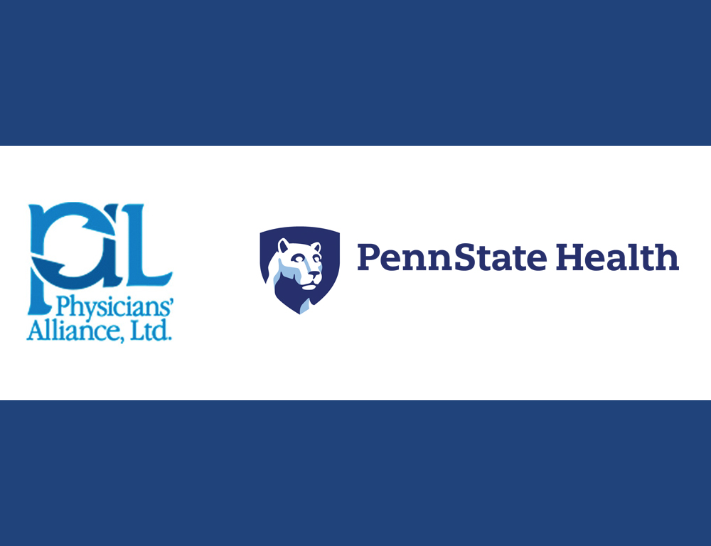 Logos for Physicians' Alliance, LTD and Penn State Health appear on a white background. Thick blue stripes are at the top and bottom of the page.