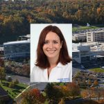 Penn State College of Medicine MD/PhD student Sarah Jefferson is the recipient of a National Institute of Mental Health F30 award for her study of depression. A photo of Jefferson in her white coat, on a white photo background, is superimposed on an aerial view of Penn State College of Medicine's campus in Hershey, PA.