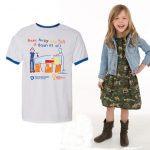 At left is a T-shirt with the words "Thank you for the gift of growing up!" and a child's drawing of a patient being treated. At right is a photo of a young girl in a dress and jean jacket, smiling with her left hand on her hip.