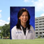 Cynthia H. Chuang, MD, MSc, will be the speaker during the 2017 Spring Dean's Lecture taking place May 9 at Penn State College of Medicine. Chuang is pictured wearing a white medical coat in front of a dark blue photo background, and her photo is superimposed on the left side of a photo showing the exterior of Penn State College of Medicine's Crescent building.