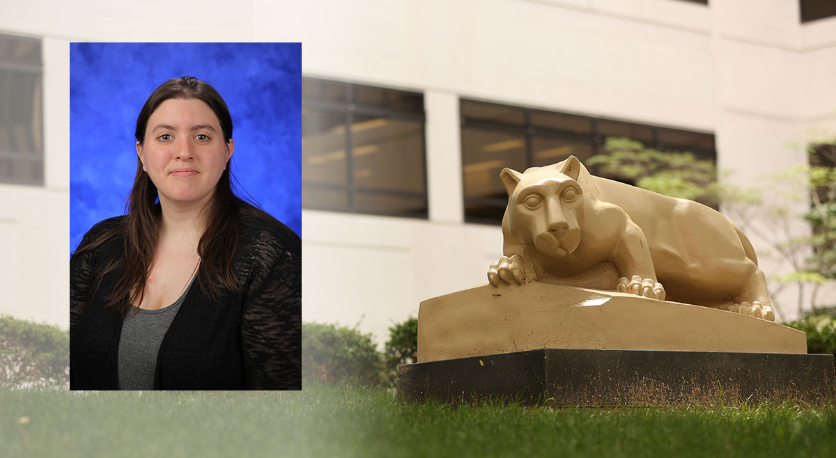 Jesica James, a PhD student in the Biomedical Sciences Graduate Program at Penn State College of Medicine, recently was named to a summer fellowship by the Lupus Federation of America. A photo of James wearing a black blazer and dark shirt, against a blue photo background, is superimposed on the left side of a photo that depicts the College of Medicine's outdoor Nittany Lion statue at right.