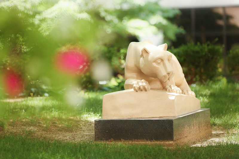 The Penn State Nittany Lion statue is seen in Penn State College of Medicine's outdoor courtyard. The statue is seen at the right of the photo in focus, framed by trees and pink flowers to the left and above and grass below.