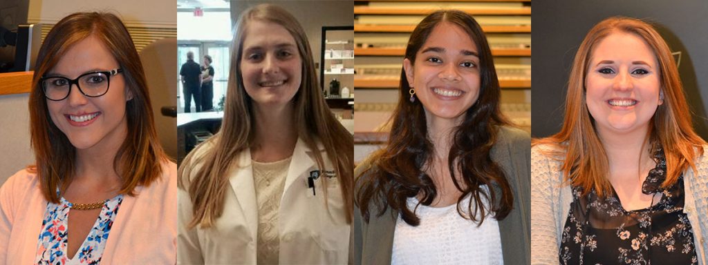 Four students in the Anatomy PhD program at Penn State College of Medicine recently passed their candidacy exams. Pictured from left are Caitlin Coker, Taylor Friemel, Amanda Khan and Jenna Wilcox. The four are seen in a composite image; for each, the face and shoulders of the student are pictured.