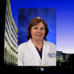 A photo of Christine Bruce wearing a white coat against a blue background; that photo is placed on top of a wider shot of the signature Crescent at Hershey Medical Center/College of Medicine.