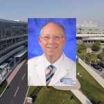 A stock photo of Dr. Jeffrey Kaiser, wearing a white coat, superimposed over an aerial photo of Hershey Medical Center.