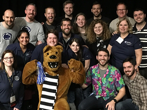 Penn State physician assistant students won their third consecutive Pennsylvania Society of Physician Assistant™s State Medical Challenge Bowl at the 18th annual event on Oct. 20 at the Valley Forge Convention Center. The students and instructors are pictured standing in a group, with the Penn State Nittany Lion mascot in the front left of their group photo.