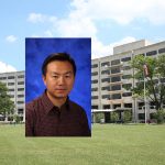 Feng Yue, assistant professor in the Department of Biochemistry and Molecular Biology at Penn State College of Medicine, recently received a $1.91 million Outstanding Investigator Award via the Maximizing Investigators' Research Award mechanism from the National Institutes of Health. A photo of Yue wearing a plaid collared shirt in front of a blue photo background is superimposed to the left of center of a photo of Penn State College of Medicine's Crescent Building at 500 University Drive, Hershey, PA, showing the building curving around the back with a green lawn in front.