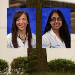 Two residents completed the Penn State Plastic Surgery Residency in 2017. At left is Christine Jones, MD, who went on to a Craniofacial Pediatric Fellowship at Cincinnati Children™s Hospital in Cincinnati, OH; at right is Kavita Vakharia, MD, who is now in a Hand Fellowship at University of New Mexico in Albuquerque, NM. Photos of the two graduates, each wearing white medical coats and standing in front of a blue photo background, are seen superimposed on a photo of the Penn State Nittany Lion statue in the College of Medicine courtyard. A building and tree are visible in the background.