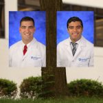 Two residents joined the Penn State Plastic Surgery Residency in 2017. At left is Jeffrey Fornadley, MD, a graduate of Penn State College of Medicine. At right is Sameer Massand, MD, a graduate of Drexel University College of Medicine. Photos of the two residents, each wearing white medical coats and standing in front of a blue photo background, are seen superimposed on a photo of the Penn State Nittany Lion statue in the College of Medicine courtyard. A building and tree are visible in the background.