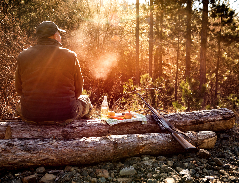 A rear view of a man wearing a green vest and hat, sitting on a log. Next to him is a small tray with a drink and some fruits and vegetables. A shotgun is leaning against the log. The man is looking into a wooded area.