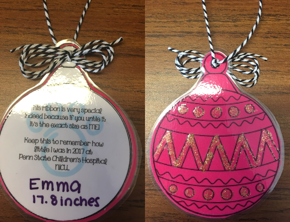 Two side-by-side images of laminated Christmas tree ornaments.