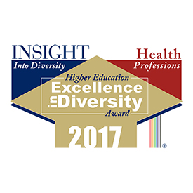 The logo for the Insight Into Diversity Health Professions Higher Education Excellence in Diversity Award for 2017 includes colored geometric shapes and the words Top Colleges for Diversity.