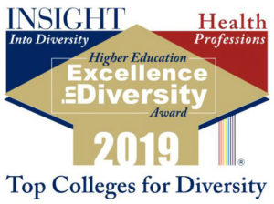 The logo for the Insight Into Diversity Health Professions Higher Education Excellence in Diversity Award for 2019 includes colored geometric shapes and the words Top Colleges for Diversity.