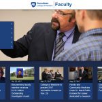 A screenshot of the new Penn State College of Medicine Faculty website is seen in December 2017. The page features the College logo at the top center, with a large image of a faculty member interacting with a student below and a navigation menu superimposed on the left of the photo. A series of news updates appears below.
