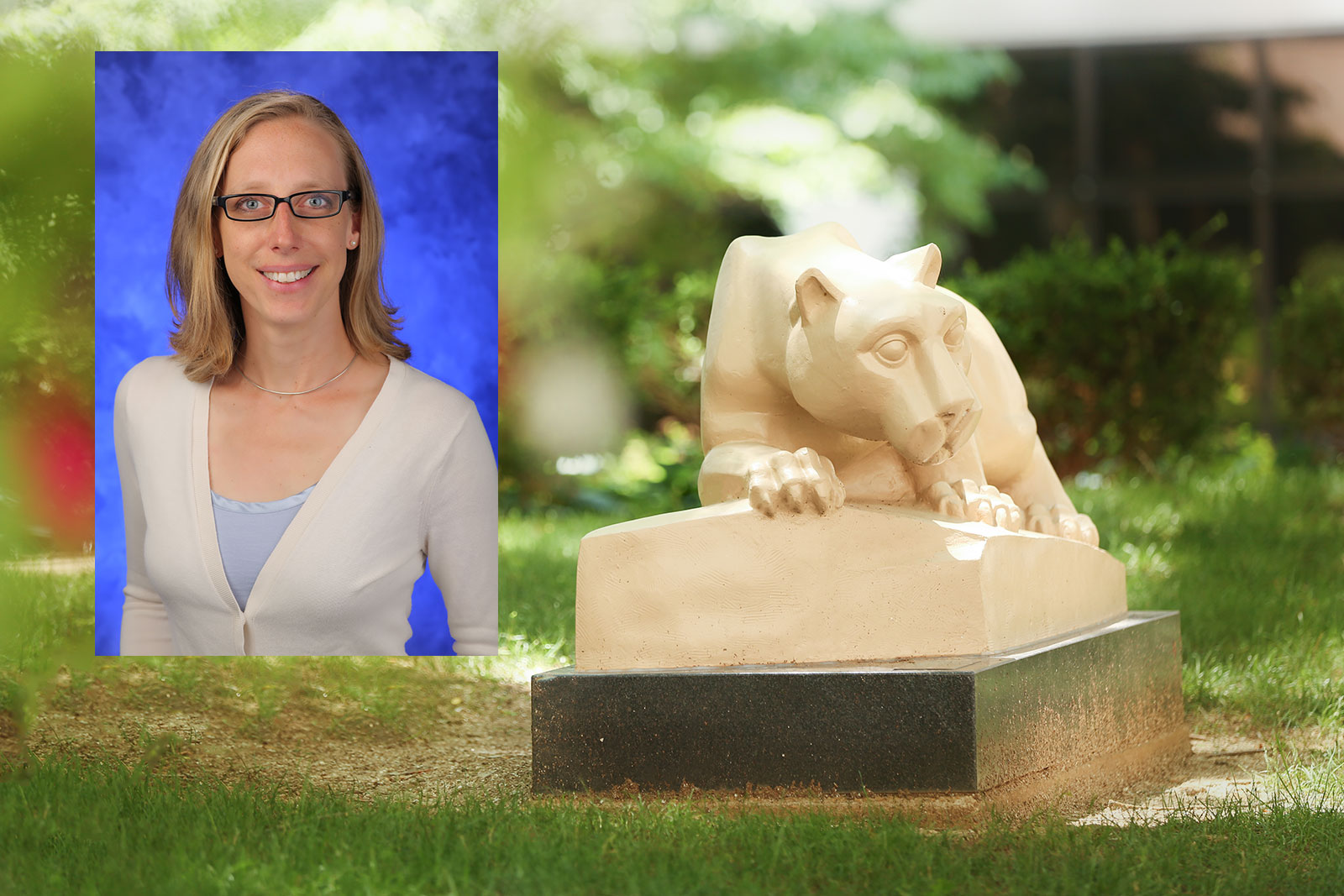 Nadine Hempel, PhD, Associate Professor of Pharmacology at Penn State College of Medicine and Penn State Cancer Institute member, recently received an equipment award from Agilent Technologies. A photo of Hempel, wearing a white blouse and glasses and standing in front of a blue photo background, is superimposed on an image of the College's Nittany Lion mascot statue outdoors, with trees and flowers visible in the background.