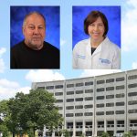Drs. Robert Levenson and Leslie Parent, co-directors of Penn State College of Medicine's MD/PhD Medical Scientist Training Program, were recently named Fellows of the American Association for the Advancement of Science (AAAS). The professional photos of both Levenson and Parent are superimposed on the top left of a photo of the College's Crescent building facade, with grass visible below it.