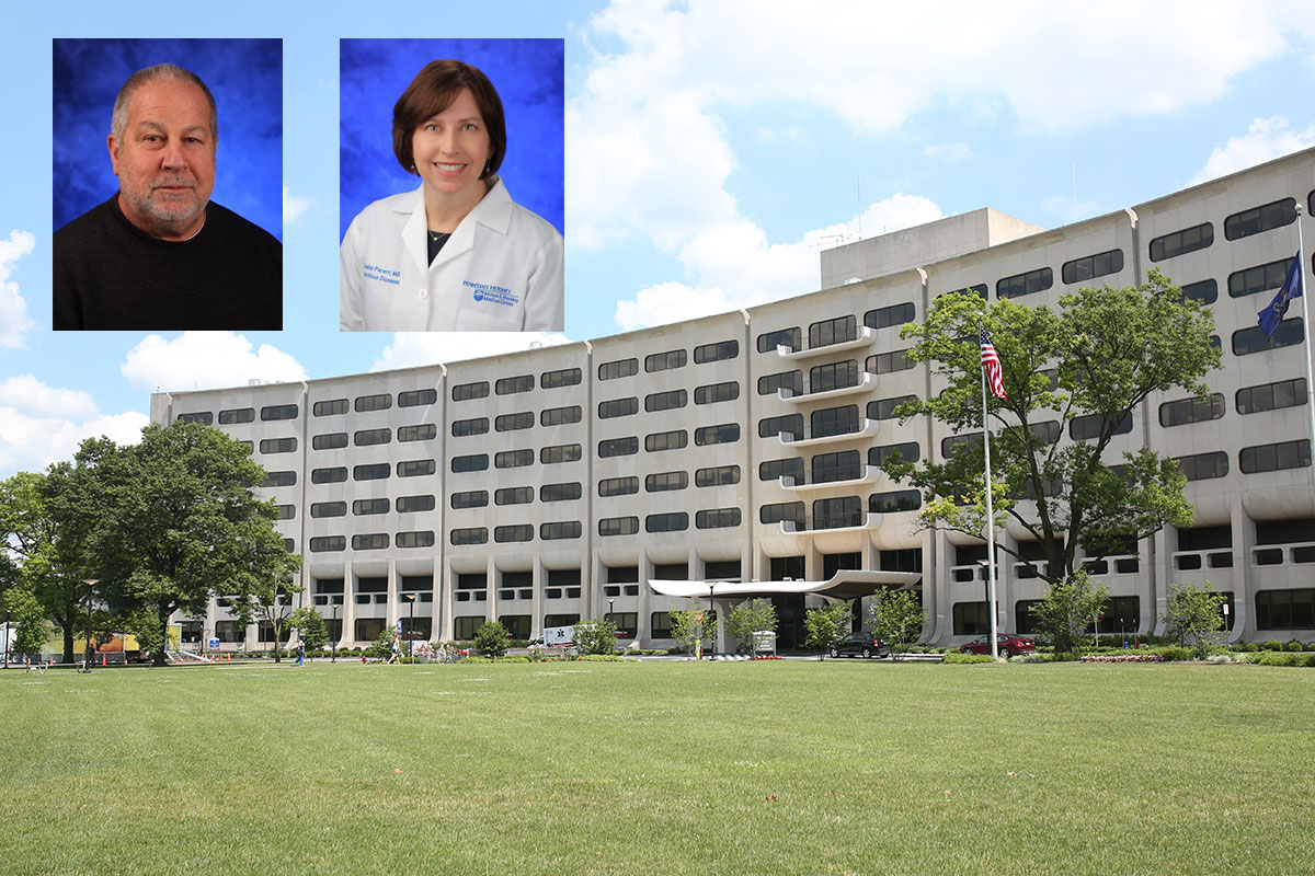 Drs. Robert Levenson and Leslie Parent, co-directors of Penn State College of Medicine's MD/PhD Medical Scientist Training Program, were recently named Fellows of the American Association for the Advancement of Science (AAAS). The professional photos of both Levenson and Parent are superimposed on the top left of a photo of the College's Crescent building facade, with grass visible below it.