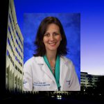 A white coat photo of Dr. Karen Krok, superimposed over an image of the signature Crescent of Hershey Medical Center - Penn State College of Medicine.