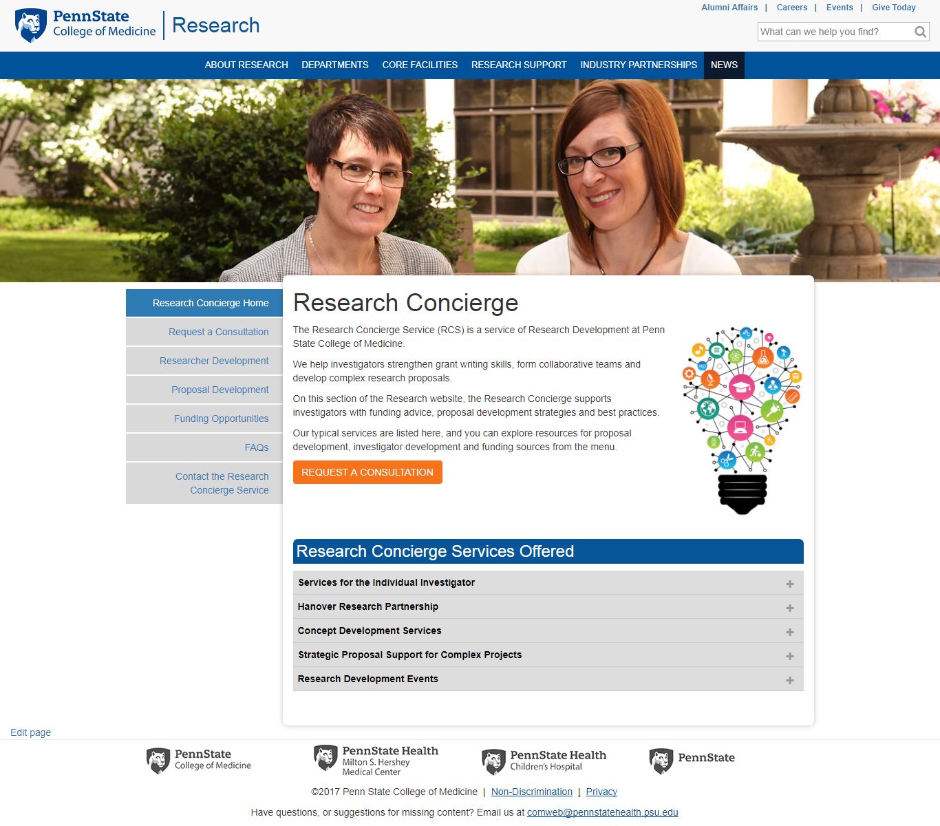 A screenshot of the new Research Concierge section on Penn State College of Medicine™s Research website is seen in January 2018. The page features the College of Medicine logo at the top left, a large header image showing the two members of the Research Development team, and content about the offerings of the Research Concierge Service. At right is the Concierge logo, a stylized lightbulb made from interconnected icons of varying bright colors depicting themes in research, such as a computer and a flask.