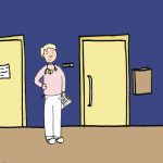 An image from the front of the book "Taking Turns" depicts a drawing of a nurse standing outside a long hallway of patient rooms on an HIV/AIDS unit. All doors are closed.